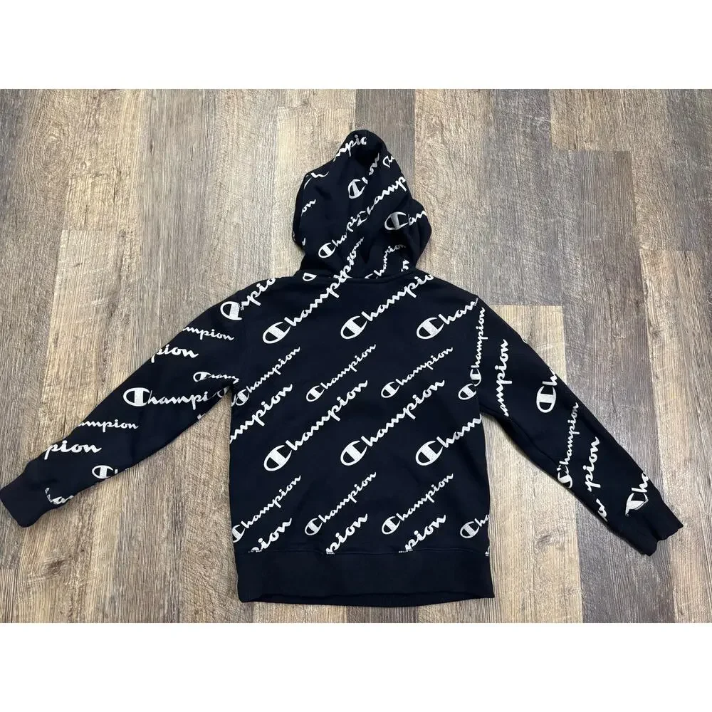 Champion Kids‎ Navy Blue All Over Script Logo Hoodie Sweatshirt Size S Small